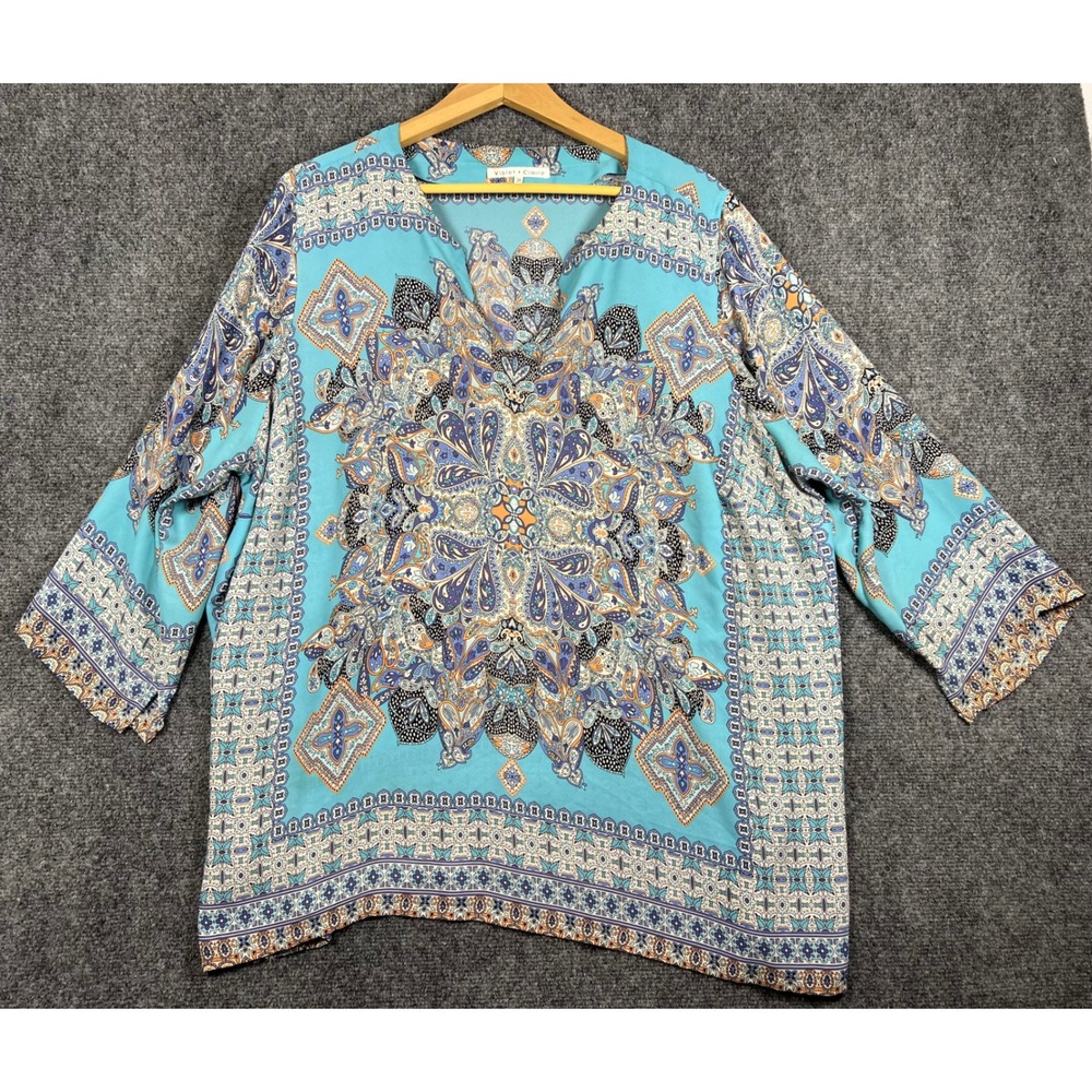Violet + Claire Turquoise Paisley Medallion Split Neck Blouse 2X Boho Top
